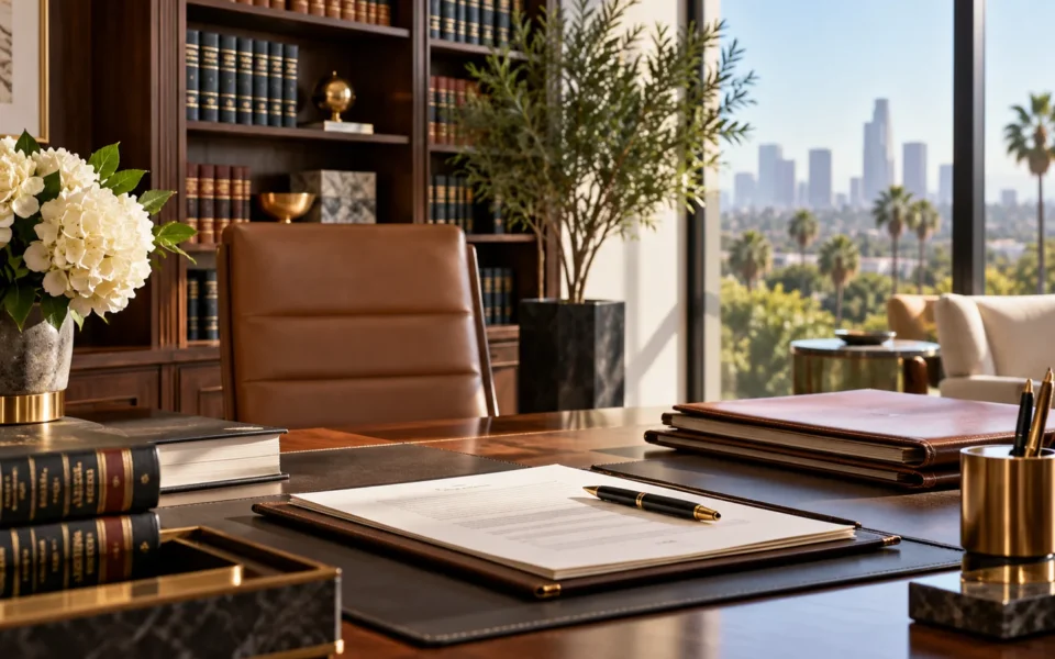 Sunlit law office with estate documents and legal books