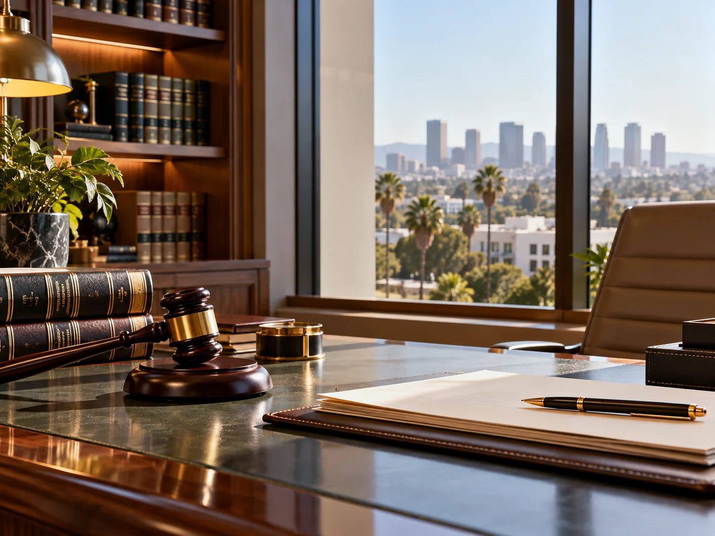 Law office interior with legal books and a view over Los Angeles