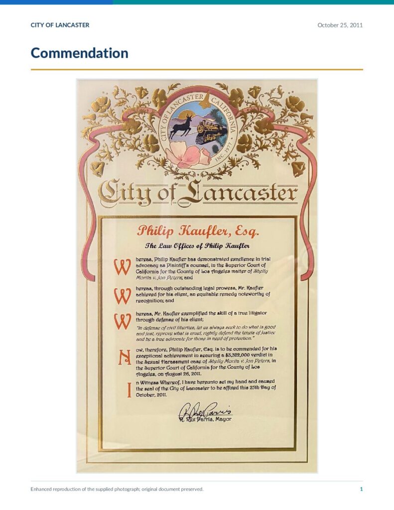 City of Lancaster commendation dated October 25, 2011