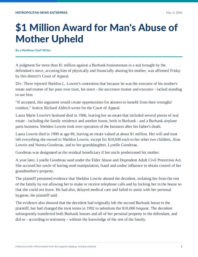 Metropolitan News-Enterprise newspaper article about the elder-abuse award