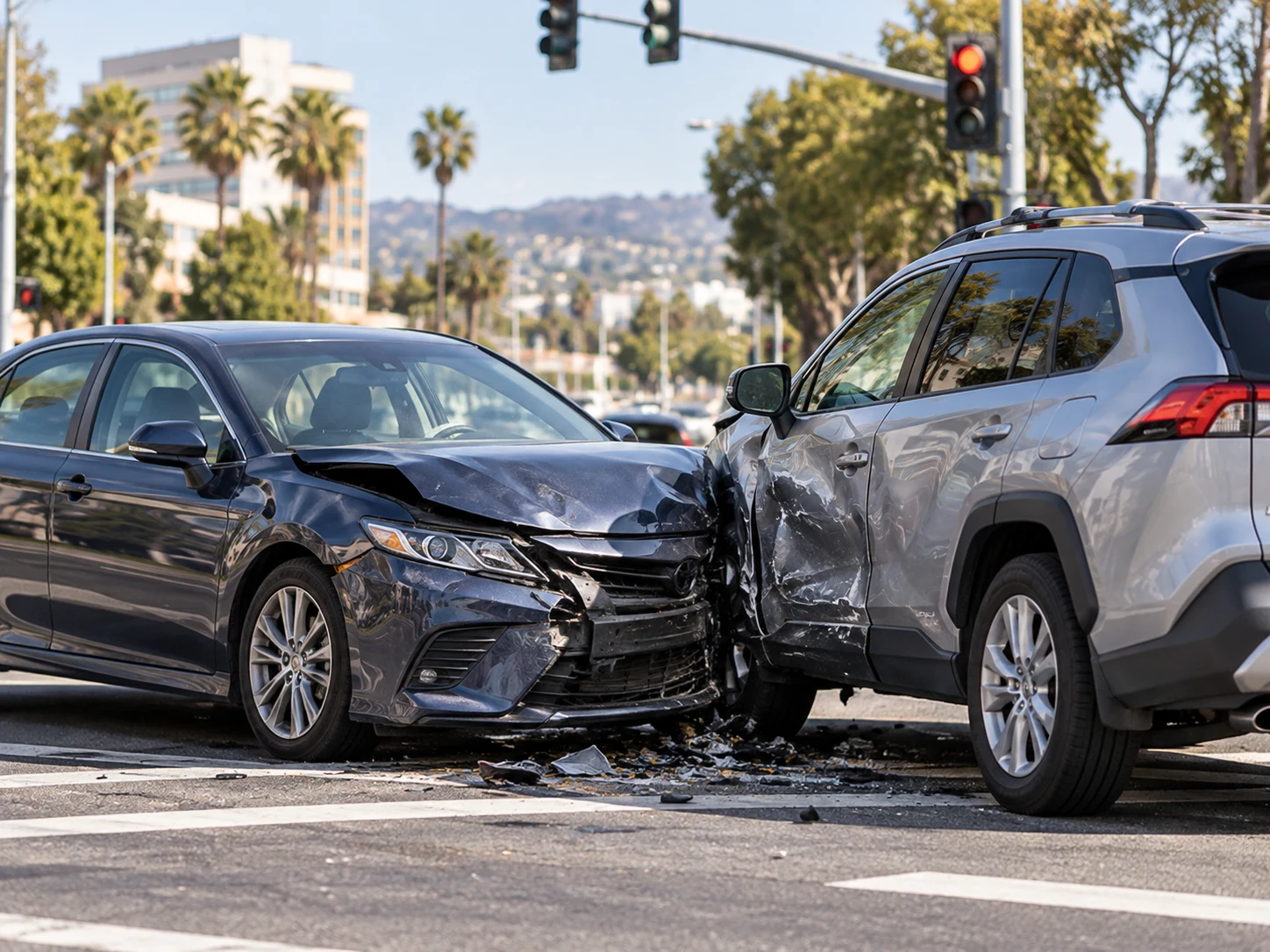 Illustrative collision between two cars at a U.S. intersection
